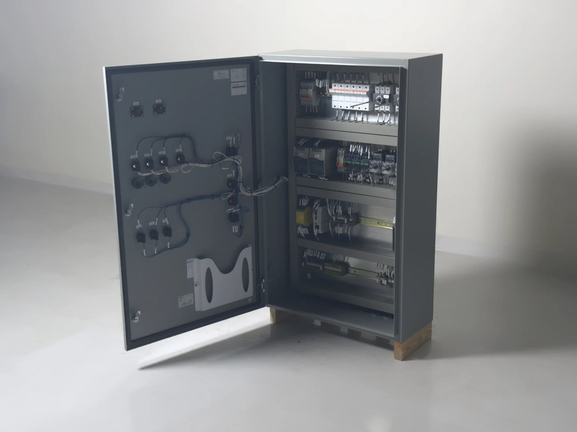 Interior of Aseon Labs' panel showing power distribution, control power, and safety wiring.