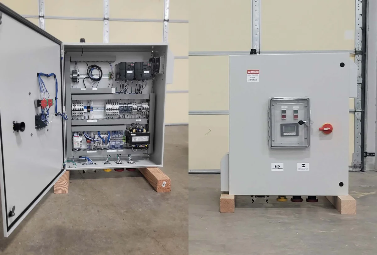 Open Garrison Minerals process panel with VFD motor controls and labeled wiring.
